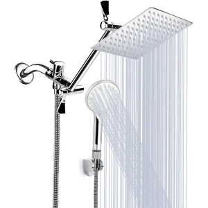 Shower Head, 8'' High Pressure Rainfall Shower Head/Handheld Shower Combo with 11'' Extension Arm, 9 Settings Adjustable Anti-leak Shower Head with Holder/Hose, Height/Angle Adjustable, Brushed Nickel